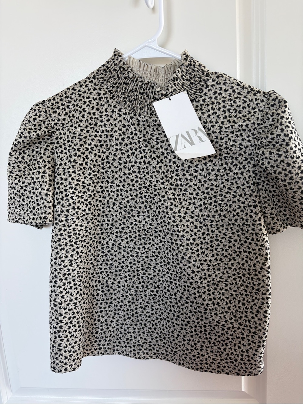 ZARA Black and Cream Printed Short Sleeve Top - Mock Neck